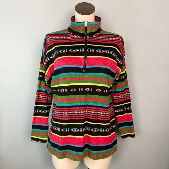 Chaps Sport Rainbow Striped Southwestern 1/4 Zip Mock Neck Shirt Women's Size M - Picture 1 of 16